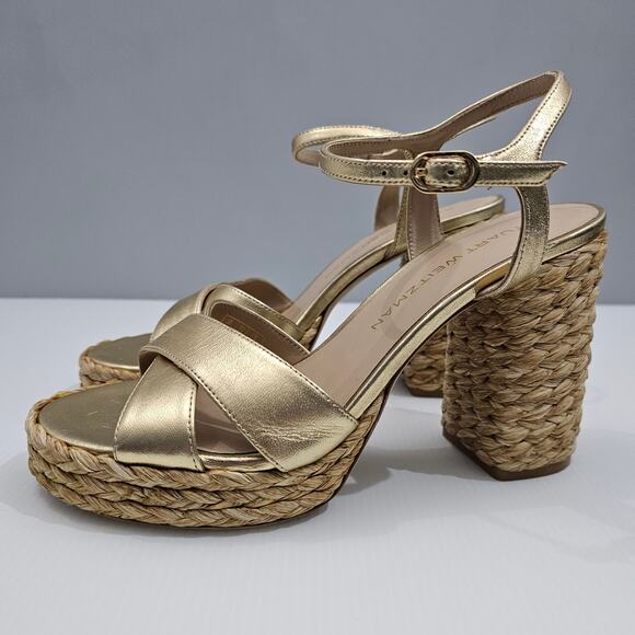 Stuart Weitzman Dayna Sandal Women 8 Gold Leather Espadrille Platform Woven Heel - Picture 1 of 16